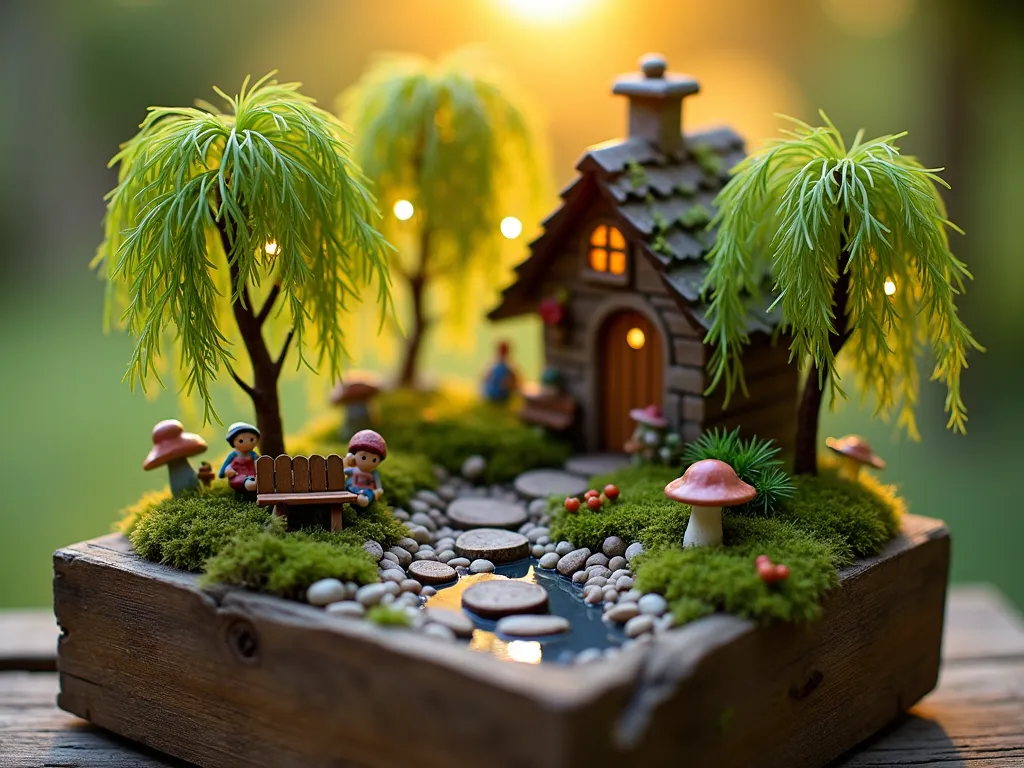 Enchanted Fairy Garden Corner at Twilight - A magical close-up shot of a charming pocket fairy garden nestled in a weathered wooden corner planter. Golden twilight rays filter through miniature willow trees with tiny twinkling solar lights. A winding pebble pathway leads to a rustic miniature cottage with moss-covered roof. Delicate fairy figurines sit on tiny wooden benches surrounded by dwarf mondo grass, miniature ferns, and baby tears plants. Small mushroom sculptures and diminutive garden accessories scatter throughout. A tiny water feature creates a magical atmosphere with small stepping stones crossing it. Shot with shallow depth of field highlighting the intricate details while maintaining a dreamy bokeh effect in the background. The scene is captured during the golden hour, with warm lighting creating an ethereal glow.