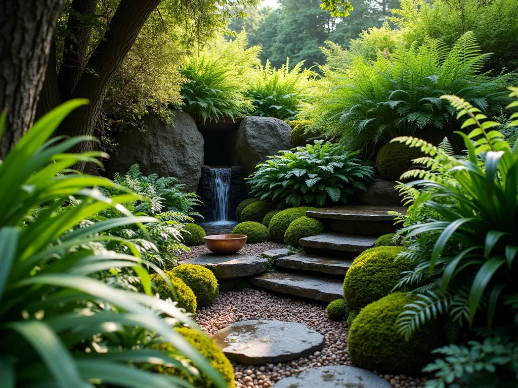 Enchanting Fern Grotto Sanctuary - A serene and intimate pocket garden grotto bathed in dappled morning light. Japanese painted ferns, Boston ferns, and delicate maidenhair ferns cascade over dark basalt stones, creating a lush vertical garden effect. A small copper bowl fountain trickles water over moss-covered rocks, while cushiony Irish moss carpets the ground. Natural stone steps lead to a cozy meditation bench nestled within the grotto. The scene is captured from a medium-low angle, emphasizing the layered textures of the ferns and the interplay of light filtering through the foliage. Shot with a DSLR camera, wide-angle lens, f/8, ISO 100, 1/125 sec, creating a dreamy yet sharp composition that highlights the cool, misty atmosphere of this north-facing sanctuary.