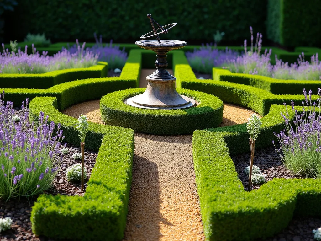 Elegant Geometric Pocket Parterre Garden - A late afternoon sunlit intimate garden space featuring a meticulously designed formal parterre garden with crisp geometric patterns formed by low-growing dwarf boxwood hedges. The symmetrical beds are filled with vibrant purple lavender and white alyssum, creating a striking contrast against the deep green boxwood. At the center stands an ornate bronze sundial atop a weathered stone pedestal, casting long shadows across the precisely manicured garden. Small gravel pathways intersect between the geometric beds, their golden hues complementing the formal design. The scene is captured from a slightly elevated angle, showing the complete geometric pattern while maintaining an intimate perspective. Soft, warm lighting enhances the texture of the boxwood and catches the metallic details of the sundial.