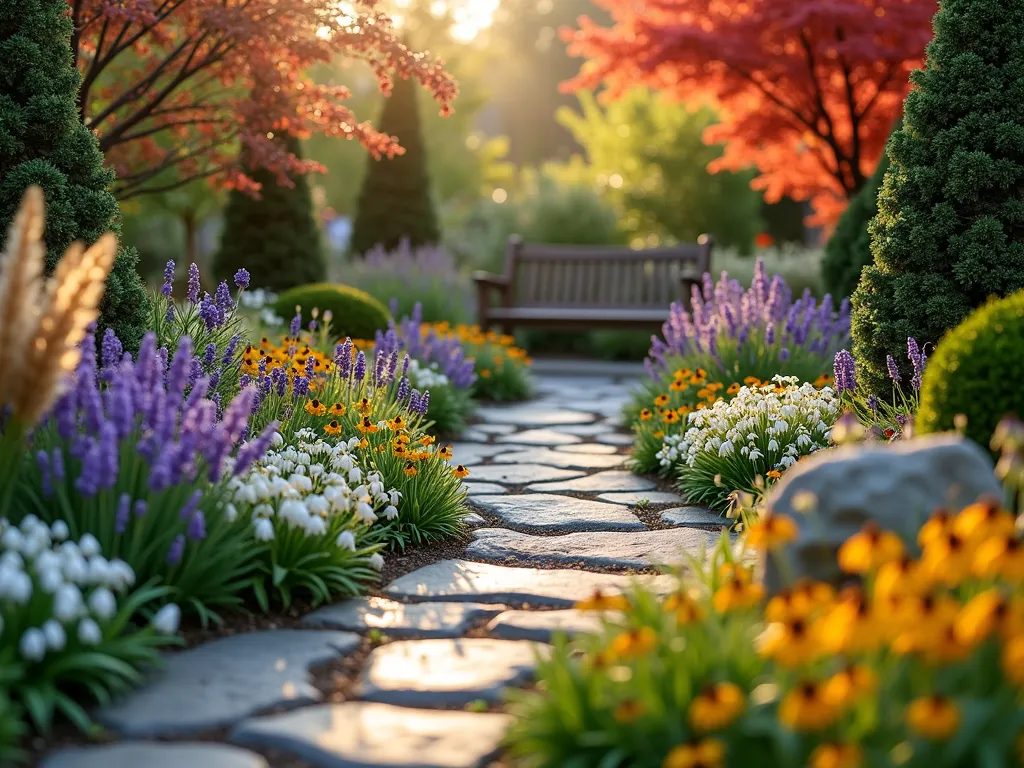 Four-Season Pocket Garden Haven - A dreamy, intimate pocket garden photographed in late afternoon golden light with a 16-35mm lens at f/2.8. The small space features a layered design with dwarf evergreen conifers providing structure, early-blooming purple crocuses and white snowdrops emerging through winter snow, vibrant summer perennials including purple coneflowers and black-eyed susans in full bloom, and Japanese maple with brilliant red autumn foliage. Stone pathways wind through the garden, while a rustic wooden bench creates a cozy seating area. Ornamental grasses add movement and texture, catching the warm sunlight. The composition is shot from a low angle to emphasize depth and seasonal integration, with soft bokeh effect highlighting the garden's magical atmosphere.