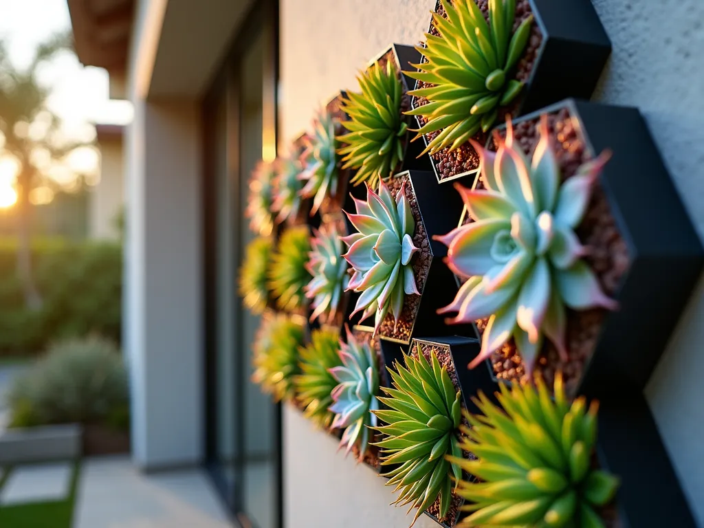 Geometric Succulent Living Wall Art - A stunning close-up shot of a modern geometric living wall mounted on a sun-drenched patio wall, featuring a mesmerizing honeycomb pattern of colorful succulents. The arrangement showcases Echeveria in soft blues and pinks, Sempervivum in deep burgundy, and Sedum in vibrant greens, all precisely arranged in a sleek black metal frame. Golden hour sunlight casts gentle shadows across the textured leaves, highlighting the dimensional quality of the installation. The composition is photographed at a slight angle to capture the depth and intricate patterns, with a portion of the contemporary patio space visible in the soft bokeh background. Shot with professional DSLR camera settings: f/8, ISO 100, 1/125 sec, showcasing the stunning detail and natural colors of the living wall installation.