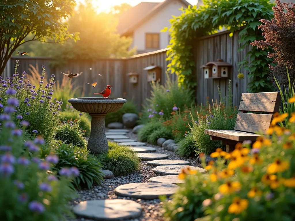 Intimate Wildlife Haven Pocket Garden - A close-up view of a lush, intimate pocket garden at golden hour, designed as an urban wildlife sanctuary. The scene features a rustic stone bird bath as the centerpiece, surrounded by layers of native flowering plants and grasses at varying heights. Purple coneflowers and black-eyed susans sway in the foreground, while compact butterfly bushes and serviceberry provide mid-height structure. A small solar-powered water feature trickles nearby, creating a peaceful atmosphere. Natural stone stepping stones wind through the garden, leading to a cozy wooden bench nestled among the greenery. Several birds are visible, with a cardinal perched on the bird bath and hummingbirds hovering near the flowers. The garden is backlit by warm sunset light, creating a magical atmosphere with golden rays filtering through the foliage. Small butterfly houses and bee hotels are tastefully incorporated into the design, while climbing vines on a weathered trellis add vertical interest. The entire scene is captured with a shallow depth of field, emphasizing the garden's intimate nature while suggesting the urban setting beyond. Photorealistic, highly detailed, serene atmosphere.