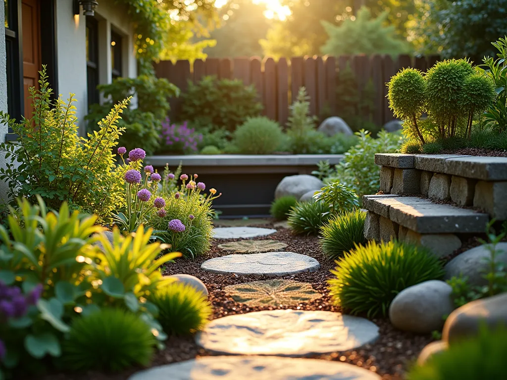 Layered Micro Garden Oasis - A stunning close-up view of a terraced pocket garden at golden hour, shot with a 16-35mm lens at f/2.8, ISO 400. Multiple distinct micro-zones are artfully arranged in a 6x6 foot space. The foreground features drought-tolerant succulents and Mediterranean herbs bathed in sunlight, transitioning to a shadier middle section with delicate ferns and woodland flowers. The background showcases moisture-loving plants near a small copper water feature. Natural stone retaining walls separate the zones, with moss-covered rocks adding texture. Soft evening light filters through a small Japanese maple, creating dappled shadows across the varied plantings. The composition demonstrates masterful small-space gardening with distinct soil types and moisture gradients visible in each zone.