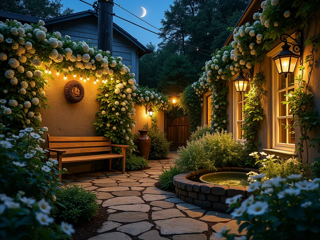 Luminous Moonlit Pocket Garden - A captivating night scene of an intimate pocket garden, photographed with a DSLR camera at f/8. White flowering moonflowers and evening primrose cascade over weathered stone walls, their blooms glowing ethereally in strategic uplighting. Silver-leafed Japanese painted ferns and Artemisia create a shimmering understory, while a small copper water feature reflects the moonlight. Strands of warm white fairy lights weave through the foliage, creating magical light patterns. A cozy stone bench nestled in the corner is illuminated by vintage-style lanterns, with fragrant night-blooming jasmine climbing nearby. The composition captures the garden's mysterious nighttime ambiance, with the moon visible in the background, casting natural shadows that dance with the artificial lighting.