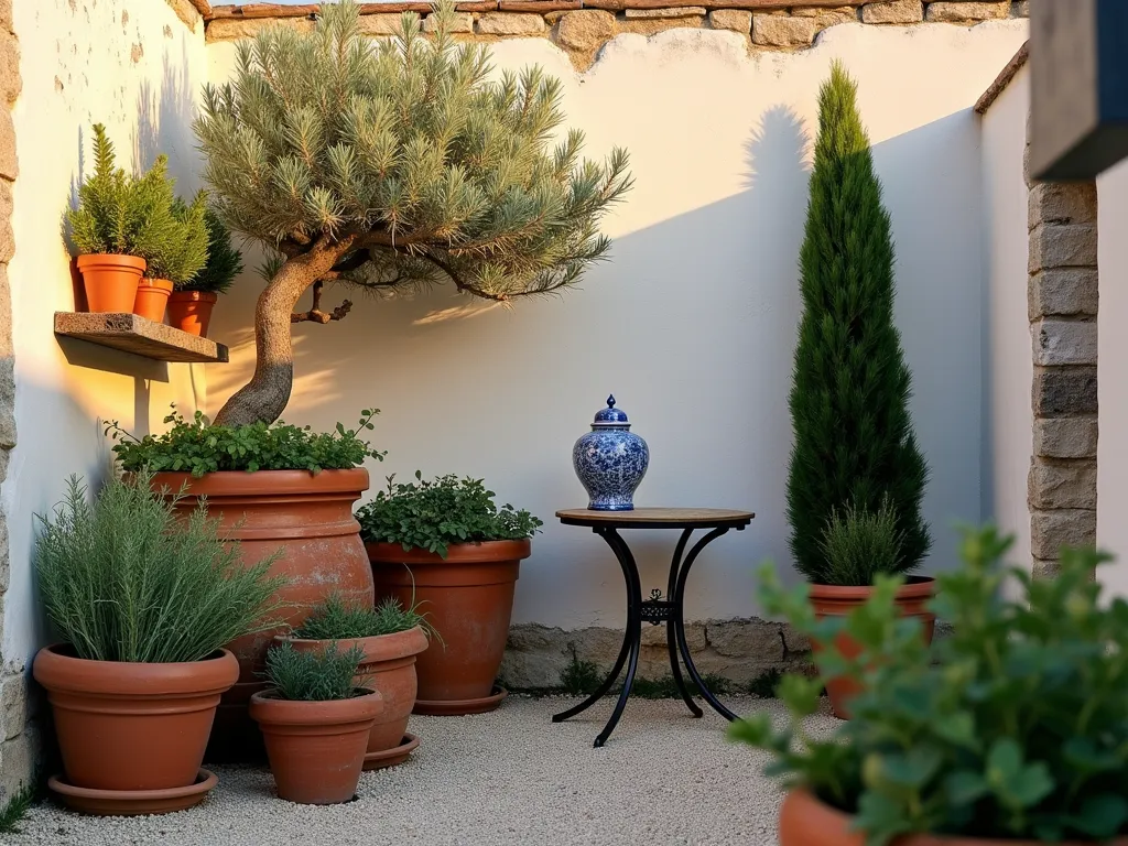 Mediterranean Herb Corner at Sunset - A cozy Mediterranean-style pocket garden corner at golden hour, shot at f/2.8 with a 16-35mm lens. Weathered terracotta pots of varying sizes arranged on rustic wooden shelves against a whitewashed wall. A small, gnarled olive tree serves as the focal point, casting gentle shadows. Abundant herbs including rosemary, thyme, and oregano spill over pot edges, their silver-green foliage catching the warm evening light. Light-colored gravel mulch creates texture beneath, while a small wrought iron bistro table holds a classic blue and white Mediterranean ceramic vase. A slender cypress provides vertical interest in the background. Soft lighting emphasizes the textural contrast between rough terracotta, smooth walls, and delicate herbs. Wide-angle perspective captures the intimate garden setting while highlighting architectural Mediterranean elements.