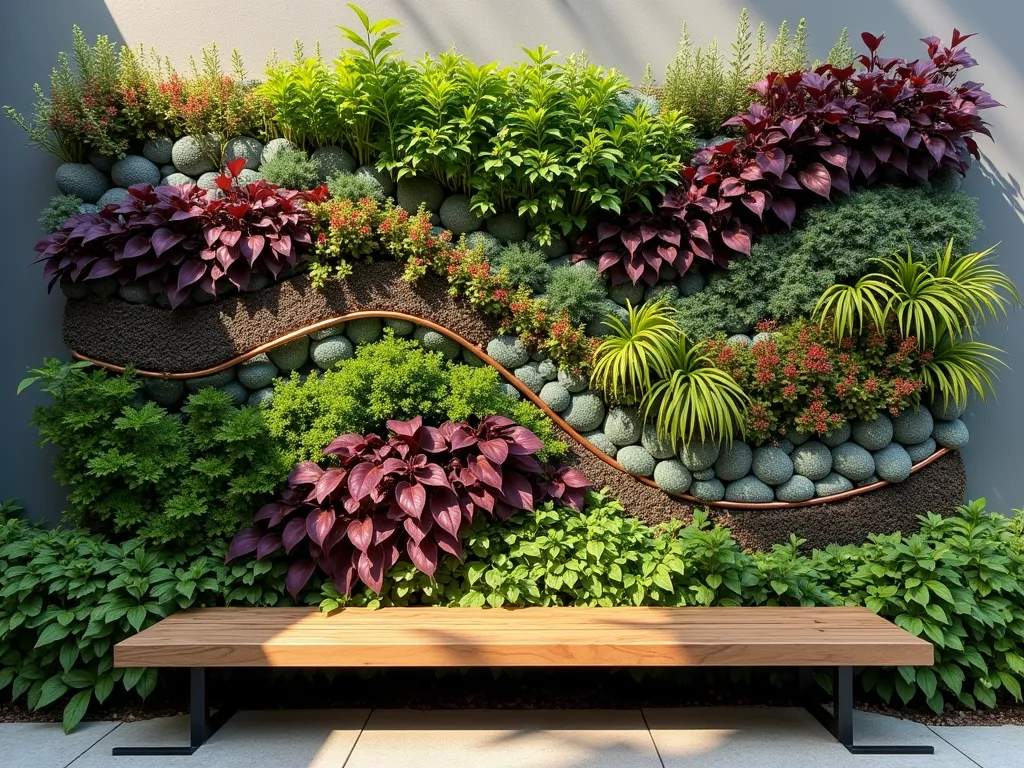 Modern Living Wall Art Garden - A stunning close-up photograph of a contemporary vertical living wall art installation in a small urban garden space, featuring a mesmerizing geometric pattern created with different colored plants. The wall showcases various textures through the use of deep purple Heuchera, vibrant green ferns, silver-leafed Dichondra, and flowering Red Creeping Thyme arranged in an abstract wave design. Slender copper irrigation pipes are artfully integrated into the design. The wall is softly lit by late afternoon sunlight casting gentle shadows, highlighting the dimensional aspects of the living artwork. Shot with a shallow depth of field to create a dreamy, artistic quality, with some elements in sharp focus while others gracefully blur into the background. A sleek wooden bench sits at the base, providing scale and functionality.