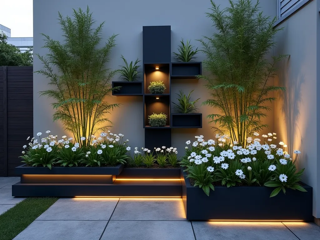 Modern Minimalist Pocket Garden with LED Lighting - A sleek modern pocket garden at dusk, featuring clean geometric black and metallic planters arranged in a striking grid pattern against a light gray wall. Featuring crisp white Japanese Anemones and structural green bamboo plants. Illuminated by subtle LED strip lighting beneath the planters, casting dramatic shadows on contemporary slate paving. The space is photographed at a 45-degree angle to showcase the geometric arrangement, with the warm glow of lighting creating an sophisticated urban atmosphere. Minimalist design with sharp lines and contrasting textures, perfect for a small urban patio or courtyard setting.