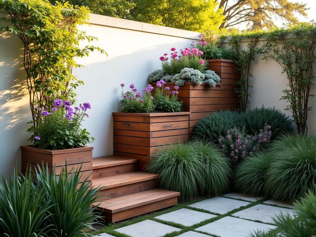 Modern Stepped Garden Terrace with Cascading Flowers - A stunning wide-angle DSLR photo of a contemporary stepped garden terrace at golden hour, featuring three weathered cedar wood terraced planters ascending against a white stucco wall. Purple trailing lobelia, pink cascading petunias, and silver dichondra spill gracefully over each level, creating a living waterfall effect. The lowest terrace showcases ornamental grasses while climbing jasmine vines weave upward through copper trellises. Natural stone pavers lead to the intimate space, with soft directional lighting highlighting the textural layers. Shot at f/8 with dramatic shadows and golden sunlight filtering through the foliage, capturing the depth and dimension of this vertical pocket garden.