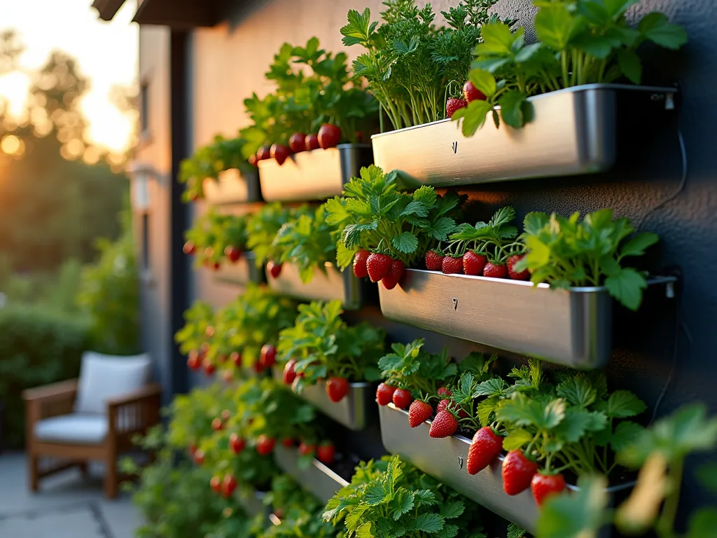 Modern Vertical Edible Wall Garden at Sunset - A stunning vertical edible garden mounted on a contemporary charcoal-colored wall, photographed during golden hour. The living wall features multiple tiers of sleek aluminum planters cascading with fresh lettuce, vibrant strawberries, and compact cherry tomatoes. Architectural LED grow lights illuminate the setup, while a sophisticated drip irrigation system winds through the structure. The garden is photographed at f/2.8 with a warm sunset glow, creating beautiful bokeh effects through the foliage. A cozy patio seating area is partially visible in the foreground, suggesting an intimate urban garden setting. The composition includes visible ripe strawberries and tomatoes ready for harvesting, emphasizing the garden's functionality and beauty.