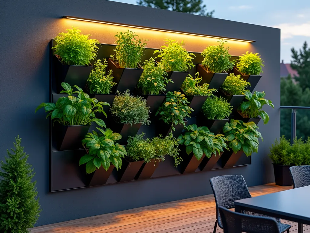 Modern Vertical Herb Wall at Dusk - A stunning twilight shot of a modern vertical herb garden mounted on an elegant charcoal-gray wall, illuminated by warm LED strip lighting. The modular pocket system creates a living tapestry of cascading herbs arranged in a geometric pattern. Fresh herbs including basil, thyme, mint, and oregano burst from black powder-coated metal planters, their varied textures and shades of green creating visual depth. Shot at a slight angle to capture the dimensional quality, with soft ambient lighting highlighting the fresh leaves and creating gentle shadows. The lower portion shows a sleek wooden deck with minimalist outdoor furniture, suggesting a contemporary urban garden setting. Dewdrops glisten on the herb leaves, captured in stunning detail with professional lighting.