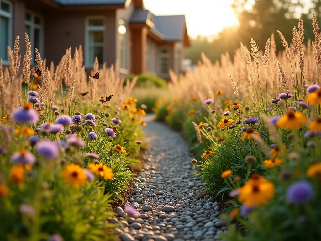 Enchanting Native Prairie Garden Nook - A dreamy close-up perspective of a small, lush pocket prairie garden at golden hour. Tall native prairie grasses in copper and gold tones sway gently in the foreground, while purple coneflowers, black-eyed susans, and butterfly milkweed create natural drifts of color throughout. A narrow, winding pebble pathway meanders through the miniature meadow, bordered by shorter prairie dropseed grass. Soft, warm sunlight filters through the grass plumes, creating an ethereal atmosphere. Several native butterflies hover over the wildflowers, while the background shows glimpses of a modern home's facade, suggesting this is a thoughtfully designed front yard prairie garden. The composition appears both wild and intentional, with plants arranged in naturalistic layers of varying heights.