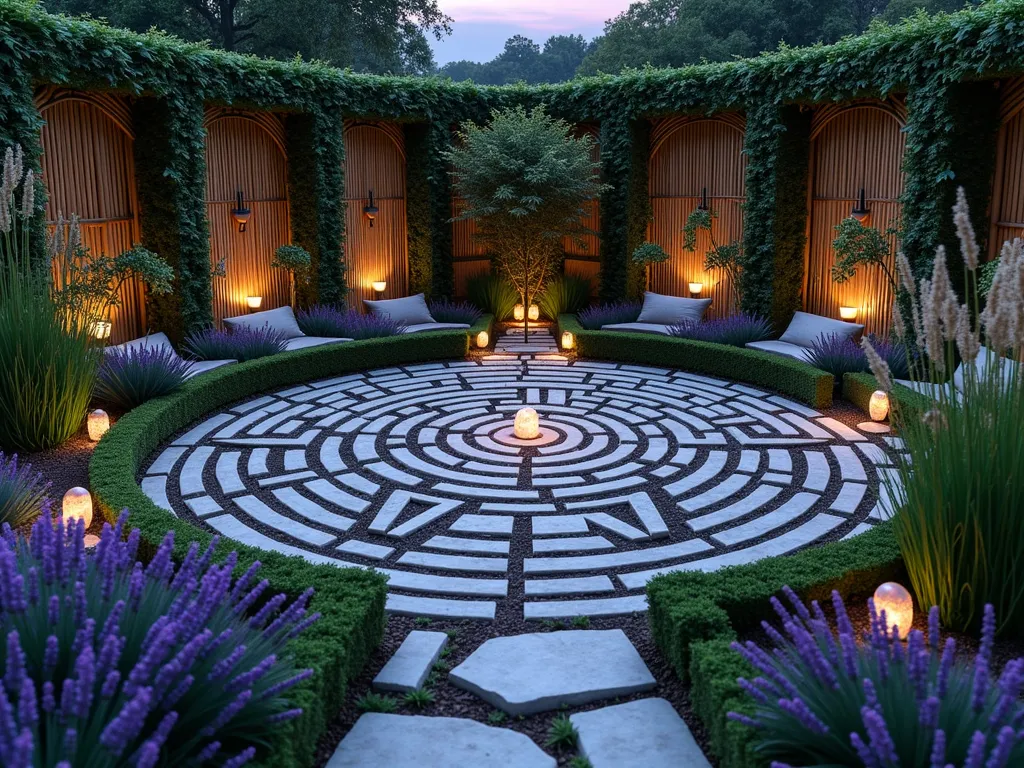 Sacred Geometry Pocket Garden - A mesmerizing intimate garden space at twilight, featuring a central stone-paved labyrinth pattern forming a perfect fibonacci spiral surrounded by carefully positioned lavender and white sage plants. Illuminated by soft garden lights embedded in the pathways, the sacred geometry design creates intricate shadows. Low boxwood hedges trace geometric mandala patterns, while vertical bamboo screens form triangular sacred patterns in the background. Crystal quartz stones mark key points in the design, with a small meditation bench nestled in one corner. The space is photographed from a 45-degree elevated angle to showcase the complete geometric pattern, while soft purple and blue twilight sky adds mystical ambiance. Ornamental grasses sway gently at the edges, their movement adding life to the precise geometric design.