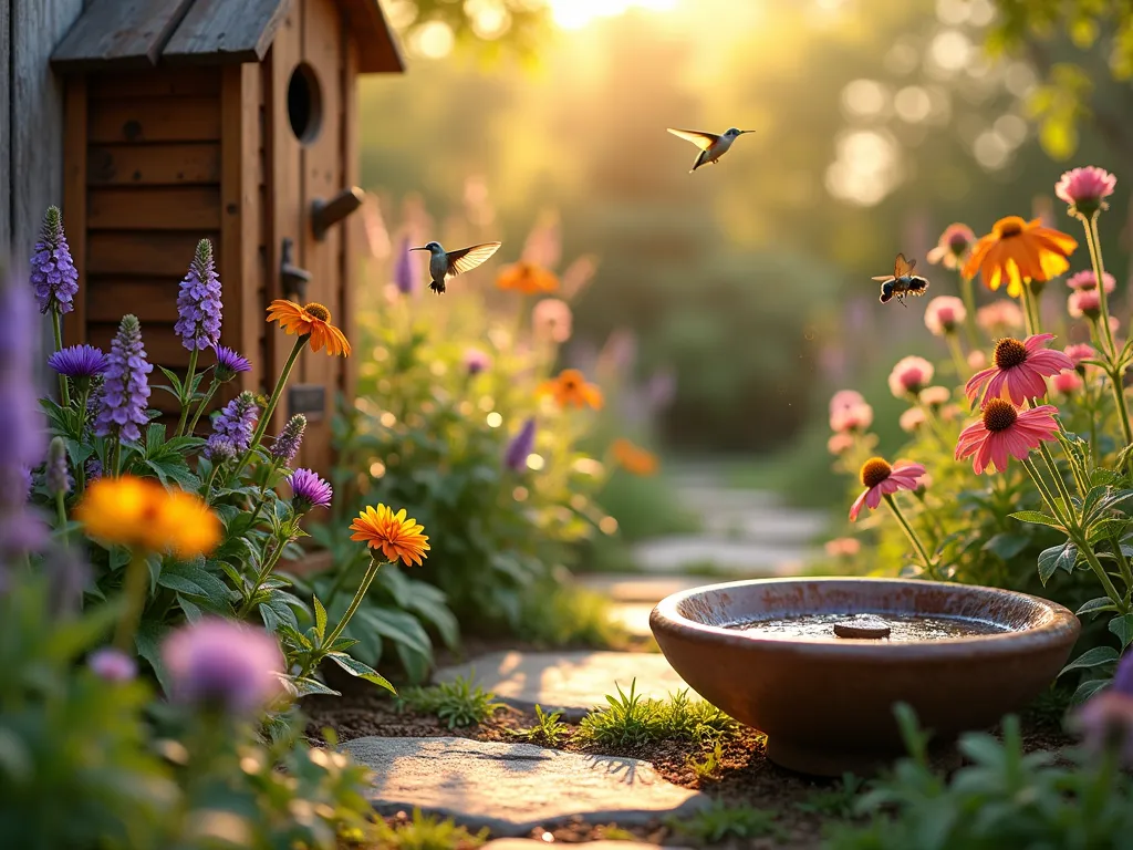 Small Space Pollinator Sanctuary - A dreamy, early morning close-up shot of a compact pocket garden buzzing with life. Golden sunlight filters through delicate purple coneflowers, native bee balm, and cheerful black-eyed susans. A rustic wooden insect hotel adorns the corner, while iridescent hummingbirds hover near coral-colored salvias. A shallow ceramic bird bath catches morning dew, surrounded by layers of butterfly weed and native asters. Soft bokeh effect highlights morning dew drops and floating pollen, with a wandering honey bee in sharp focus. Natural stone pathway weaves through the dense, cottage-style plantings. Shot with DSLR camera, wide-angle lens, f/8, ISO 100, 1/125 sec in early morning golden hour light.