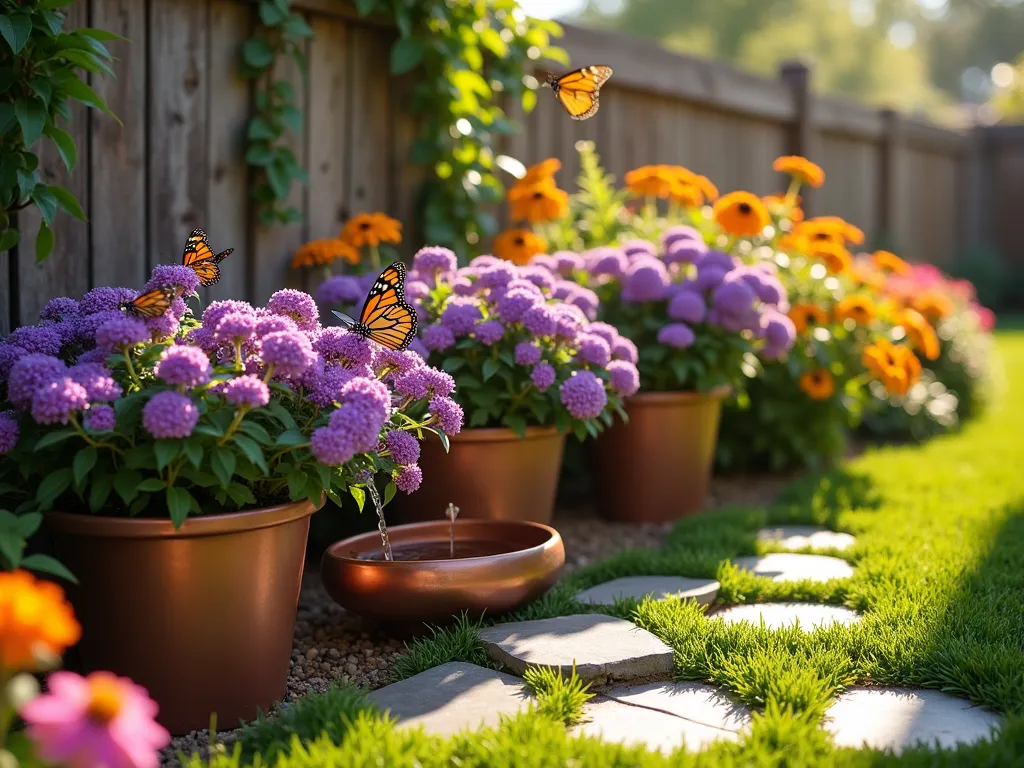 Tiered Butterfly Sanctuary - A magical late afternoon garden scene captured with a 16-35mm lens at f/2.8, ISO 400, featuring a cozy corner pocket garden designed as a butterfly haven. Three copper-toned tiered containers overflow with vibrant purple butterfly bush blooms, orange lantana clusters, and pink zinnias catching golden sunlight. A small copper basin fountain provides a water source, while flat natural slate stones create resting spots. Several monarch and swallowtail butterflies dance around the flowers, with one perched on a sun-warmed stone. Soft bokeh effect in background shows glimpses of a wooden fence adorned with climbing vines. The scene is captured from a low angle, emphasizing the vertical layering and creating an enchanted sanctuary feeling.