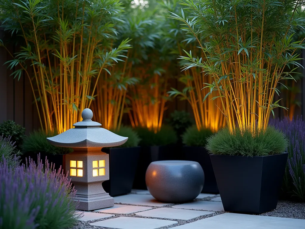 Tranquil Bamboo Privacy Screen - Dusk photography of an intimate pocket garden featuring tall clumping bamboo in sleek black containers creating a natural privacy screen. A stone Japanese lantern glows softly among purple fountain grass and dwarf mondo grass at the base. A modern ceramic stool in matte charcoal sits nestled between the bamboo, while ambient lighting casts intricate bamboo shadows on a light granite paver patio. Shot at f/2.8 with selective focus on the lantern, creating dreamy bokeh through the bamboo leaves. The warm evening light filters through the bamboo creating a peaceful, zen-like atmosphere.