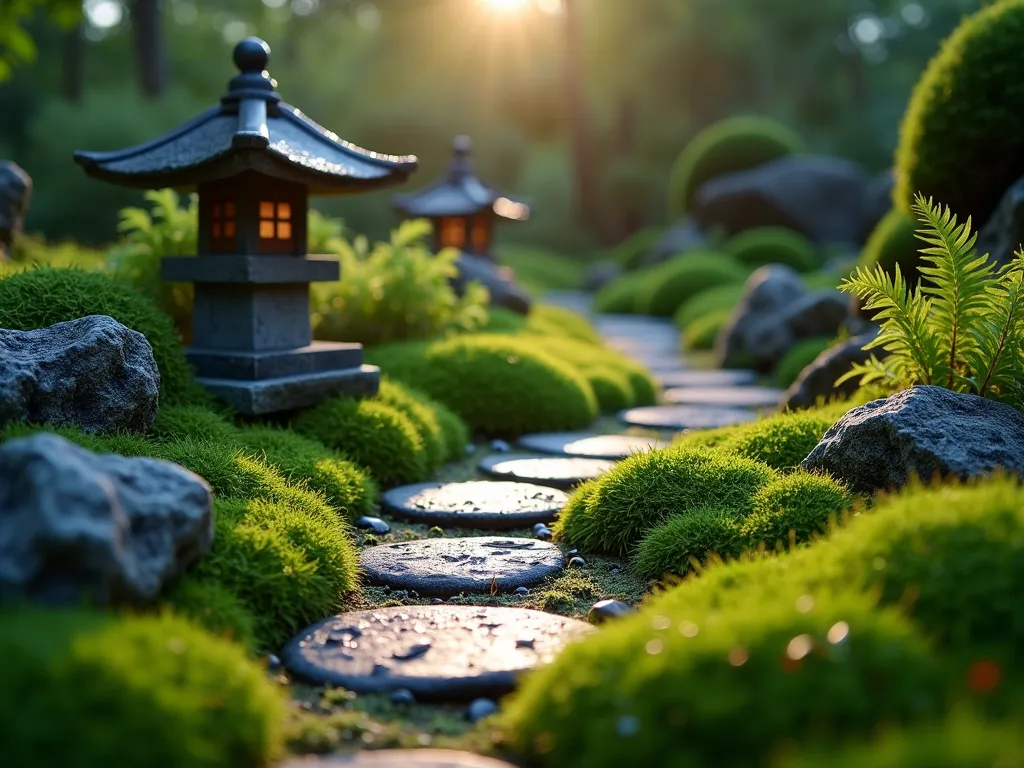 Tranquil Moss Garden Sanctuary - Close-up, atmospheric shot of a serene miniature Japanese-style moss garden at dusk. Soft lantern light illuminates various textures of emerald and sage-colored moss carpets interspersed with delicate maiden hair ferns. A winding path of weathered natural stepping stones leads to a traditional stone lantern. Dappled shadows play across the scene while tiny droplets of moisture cling to the moss, creating a mystical atmosphere. Small chunks of lichen-covered rocks and weathered boulders anchor the composition, creating depth and visual interest. The intimate garden space is captured with a shallow depth of field, highlighting the lush, velvety texture of the moss in the foreground.