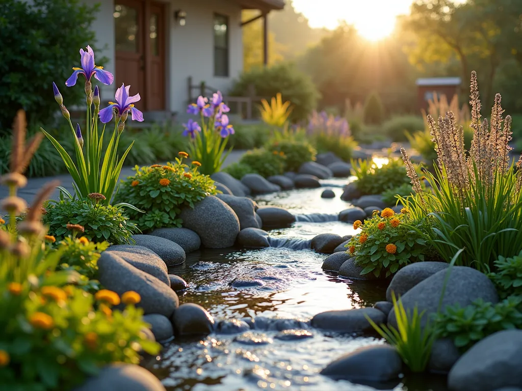 Tranquil Rain Garden Basin at Dawn - A beautifully designed rain garden basin in a small yard space, photographed at dawn with soft morning light filtering through. The garden features concentric circles of moisture-loving plants arranged in tiers, with Japanese iris, sedges, and native rushes in the deepest center, surrounded by black-eyed susans and coneflowers at the edges. Smooth river rocks and decorative boulders are artfully placed throughout, creating natural-looking drainage paths. Morning dew glistens on the foliage, while a gentle mist hovers above the plants. Shot from a three-quarter elevated angle to showcase the layered design and natural water flow patterns, with the background slightly blurred to emphasize the pocket garden's intimate scale. Photorealistic, high detail, peaceful atmosphere.