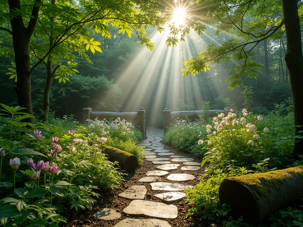 Tranquil Woodland Edge Pocket Garden - A DSLR wide-angle photograph of an intimate woodland-style pocket garden at dawn, captured with morning mist lingering. Native ferns unfurl beneath the dappled shade of Japanese maples, while moss-covered logs and weathered granite stones create natural borders. Delicate woodland flowers like native trillium and wood anemones peek through a carpet of wild ginger ground cover. Natural light filters through the canopy, creating ethereal light patterns on the rustic stone pathway. The composition shows a cozy 8x10 foot garden space that seamlessly transitions from a manicured yard into a wild woodland edge, with rich textures and varying heights of vegetation. The foreground features clusters of native bleeding hearts and foamflowers, while the background reveals glimpses of taller understory shrubs like serviceberry and witch hazel.