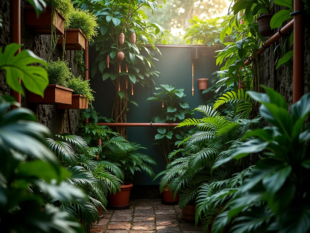 Intimate Tropical Corner Sanctuary - A lush, intimate pocket garden corner at twilight, photographed with a 16-35mm lens at f/2.8, ISO 400. Dense layers of tropical foliage create a rainforest atmosphere in a small 8x8 foot space. Philodendrons and bird's nest ferns cascade from mounted wooden planters, while climbing monstera deliciosa winds up a copper pipe trellis. A small ultrasonic mister creates ethereal vapor that catches the warm evening light filtering through the canopy. Boston ferns and prayer plants form the understory, their leaves glistening with moisture. Subtle LED uplighting illuminates the textured leaves from below, creating dramatic shadows. Small copper wind chimes add visual interest among the foliage. The space is photographed from a low angle to emphasize the vertical layering and create a sense of immersion in this miniature rainforest.