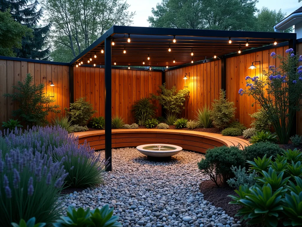 Intimate Sensory Garden Pod at Twilight - A cozy circular pocket garden pod at twilight, illuminated by warm string lights and lanterns. A curved wooden bench hugs the perimeter beneath a sleek modern pergola. Lavender and rosemary create aromatic borders while tall ornamental grasses sway gently, creating rustling sounds. Water trickles from a small copper fountain. Textural elements include smooth river stones, soft lamb's ear plants, and rough bark mulch. Strawberry plants and mint peek through, offering edible elements. The space is photographed from a 45-degree elevated angle, capturing the intimate circular design and the way the evening light plays with various garden textures. Fairy lights twinkle among the foliage, creating a magical atmosphere in this compact sensory retreat.