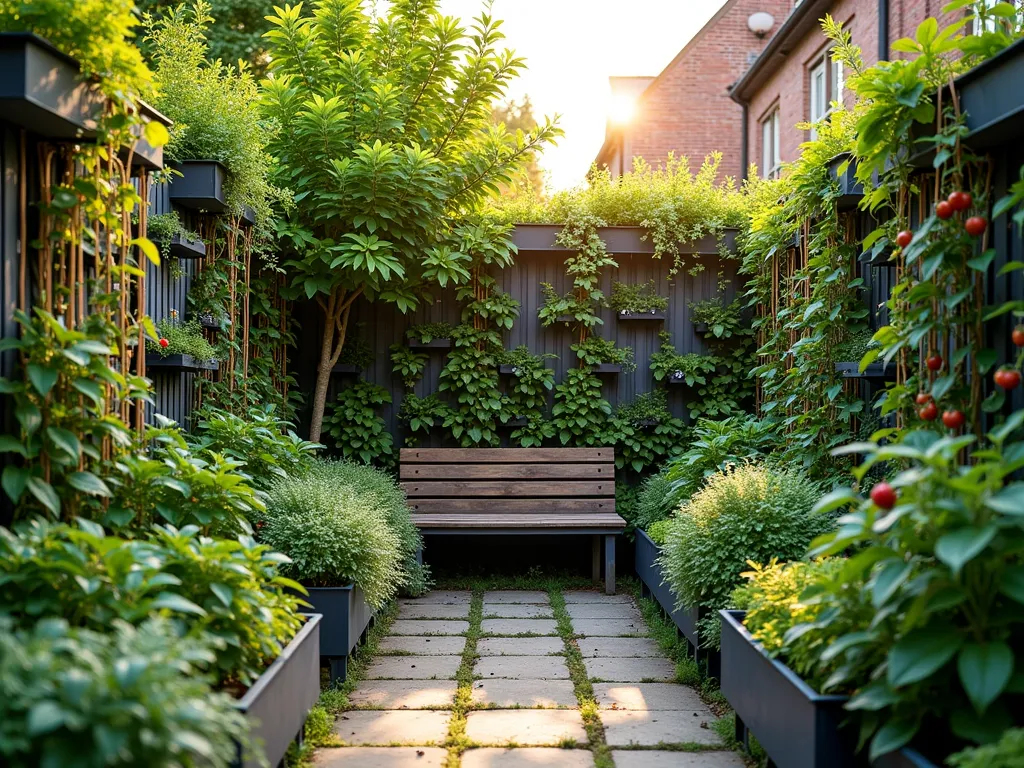 Multi-Layered Urban Food Forest Corner - A lush, multi-layered corner garden photographed during golden hour, showcasing a harmonious vertical food forest design. A dwarf apple tree forms the centerpiece, surrounded by cascading levels of blueberry bushes and raspberry canes. Climbing cucumber and pole beans ascend sleek metal trellises, while compact cherry tomatoes grow in modern charcoal-colored containers. The ground level features a carpet of fragrant thyme and oregano interspersed with strawberry plants. Natural stone pavers create a narrow path, with dappled sunlight filtering through the foliage. Shot with a wide-angle lens to capture the vertical dimension and layered complexity, emphasizing the ingenious use of limited space. The composition includes a rustic wooden bench nestled among the edible landscape, highlighting the garden's dual purpose as both productive and contemplative space. Photographed with DSLR camera, f/8 aperture, ISO 100, 1/125 shutter speed, capturing the rich textures and natural lighting.