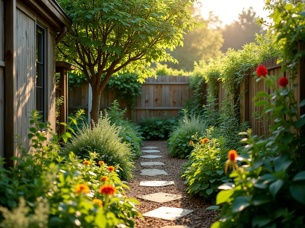 Vertical Edible Pocket Forest - A DSLR wide-angle photograph of a cozy corner pocket garden at golden hour, showcasing a lush multi-layered edible garden design. A dwarf apple tree serves as the centerpiece, surrounded by cascading levels of blackberry and raspberry bushes. Lower tiers feature Mediterranean herbs like thyme and sage intermixed with compact vegetable plants. Vertical trellises adorned with climbing peas and pole beans maximize space usage. Natural stone pavers create winding paths between plantings. Dappled sunlight filters through the canopy, creating a magical atmosphere. The composition demonstrates permaculture principles with companion planting of marigolds and nasturtiums. Shot at f/8 with careful attention to depth of field, capturing the intricate layers and textures of this productive micro-forest garden.