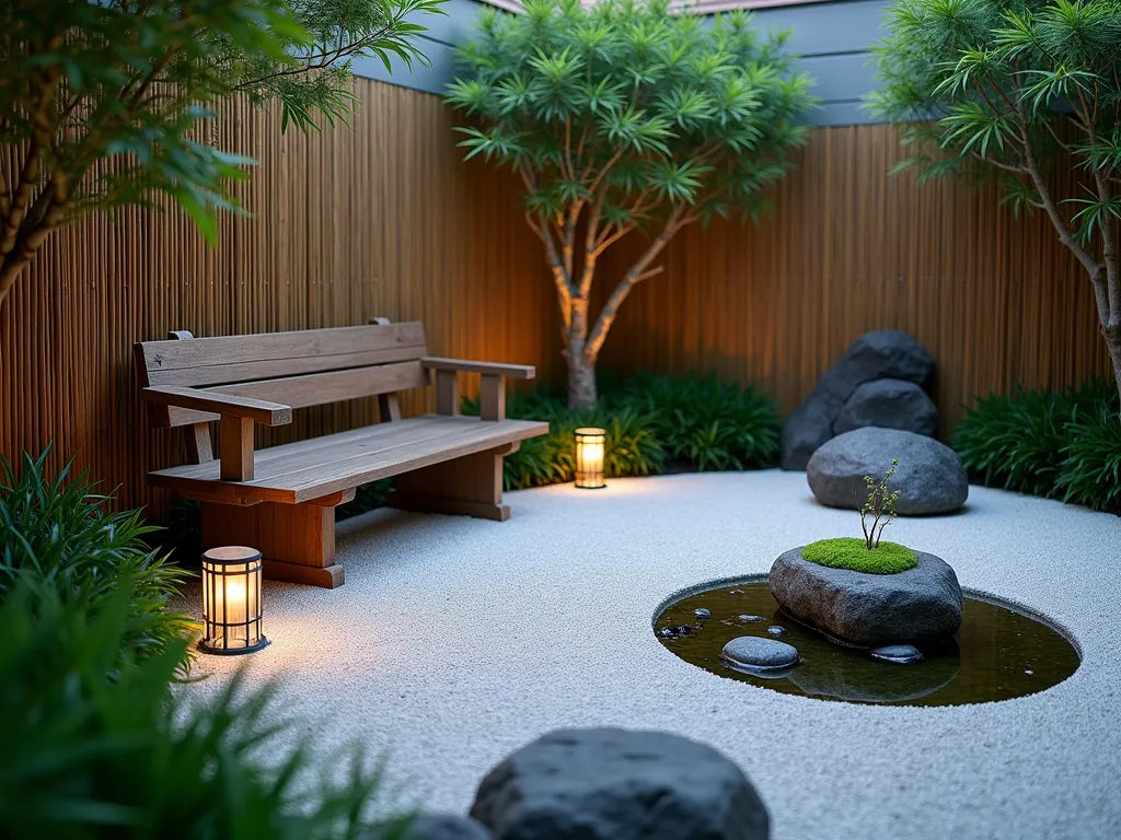 Serene Zen Pocket Garden at Dusk - A peaceful corner zen garden photographed at dusk with soft ambient lighting, captured with a wide-angle 16mm lens, f/2.8, ISO 400. A handcrafted wooden bench nestles against a weathered bamboo fence, surrounded by meticulously maintained dwarf bamboo plants. A small granite tsukubai water feature creates gentle ripples, while carefully positioned moss-covered rocks emerge from a bed of pristine white gravel raked in traditional circular patterns. Modern landscape lighting casts subtle shadows across the sand patterns, while stone lanterns provide warm, atmospheric illumination. Natural stone pavers create a mindful path to the meditation space, bordered by compact Japanese forest grass. The intimate space is photographed from a low angle, emphasizing the tranquil composition and sense of depth in this small yet powerful contemplative retreat.