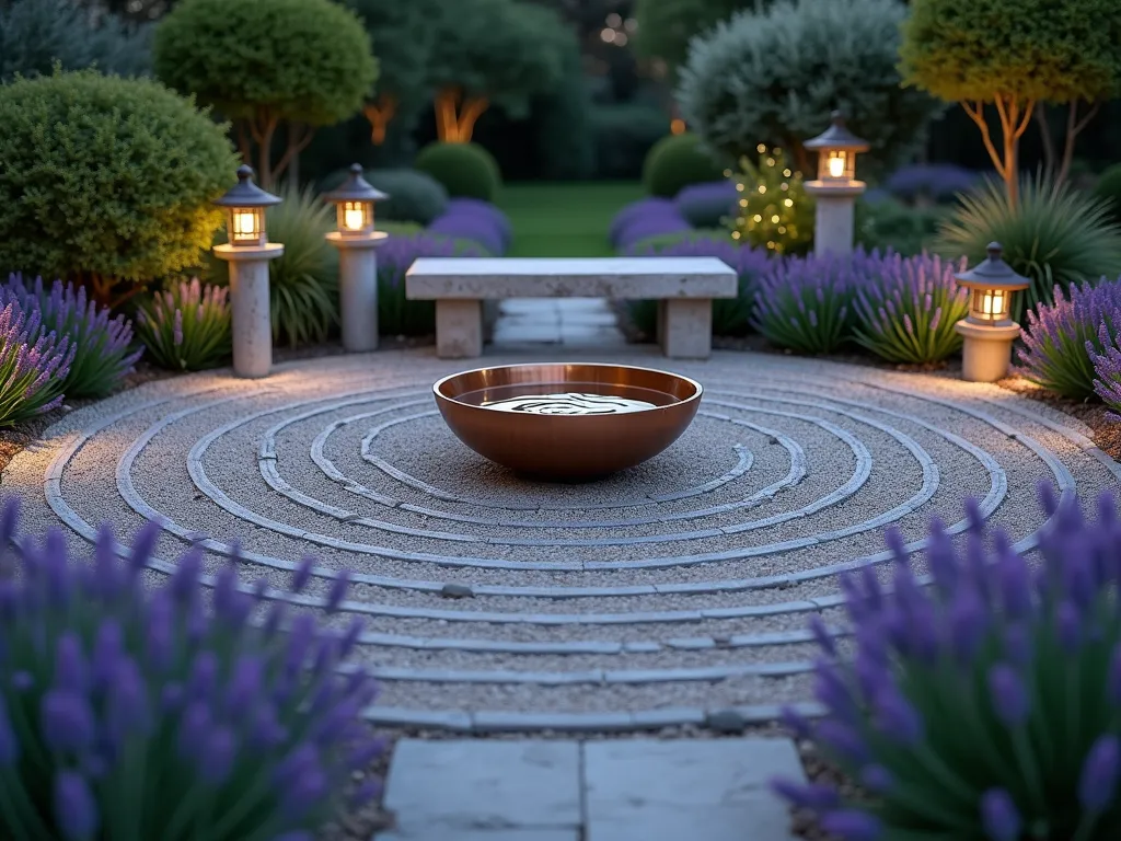 Zen Meditation Circle Garden - Intimate twilight view of a small circular meditation garden, featuring a natural stone bench at its center, surrounded by concentric circles of light gray gravel pathways. Aromatic lavender and rosemary plants create waves of purple and green, softly illuminated by hidden garden lights. A contemporary copper water bowl with gentle ripples reflects the warm evening light. Japanese stone lanterns mark the cardinal points, while spreading sage adds silvery texture. The scene is captured from a 45-degree elevated angle, showing the perfect symmetry of the design, with soft bokeh effects from subtle garden lighting creating a dreamy atmosphere.