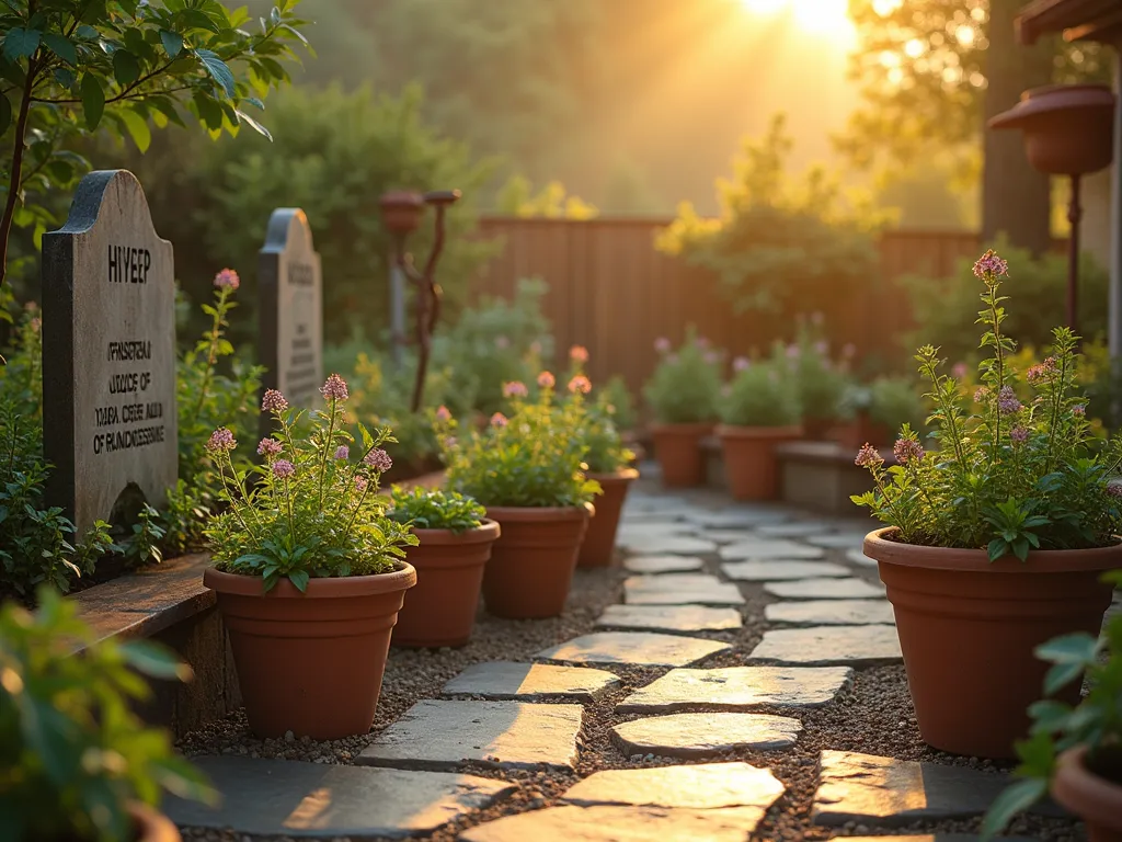 Biblical Herb Garden at Dawn - A serene early morning scene of a rustic Biblical herb garden featuring weathered terra cotta pots arranged in concentric circles on a natural stone patio. Golden sunrise light filters through morning mist, illuminating aromatic herbs including hyssop, mint, and frankincense. Handcrafted cedar raised beds contain organized plantings, while weathered stone markers display etched biblical verses. Ornate wrought iron plant stands elevate some pots, creating visual interest. Dew drops glisten on the herb leaves, captured in ultra-high detail with shallow depth of field. Shot with a wide-angle perspective that shows the garden's spiritual atmosphere, with soft morning light creating a heavenly glow. Professional photography, high resolution, cinematic quality.