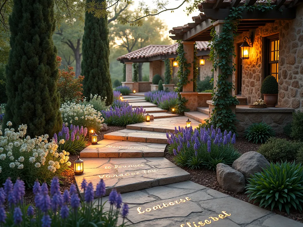 Biblical Garden Path at Dusk - A winding stone pathway illuminated by soft copper lanterns at dusk, featuring weathered natural stone steps engraved with golden biblical verses. The path is intimately bordered by blooming hyssop, olive shrubs, and fragrant frankincense plants. Mediterranean cypress trees stand sentinel in the background, while climbing fig vines gracefully arch over rustic wooden pergolas. Dappled evening light filters through the foliage, creating a mystical atmosphere. Stone benches with scripture plaques are nestled among beds of white lilies and purple grape hyacinths. A subtle mist hovers near the ground, enhancing the spiritual ambiance of this sacred garden space.