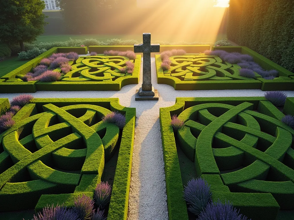 Celtic Prayer Knot Garden at Dawn - A meticulously designed Celtic knot garden photographed at dawn, with golden morning light filtering through a light mist. The formal garden features intricate boxwood hedges trimmed into traditional Celtic knot patterns, creating a mesmerizing overhead view. Low-growing lavender, thyme, and sage fill the spaces between the geometric patterns. A Celtic cross made of weathered stone stands as a focal point at the center. Crushed white gravel paths wind through the design like ribbons, creating contemplative walking routes. The garden is bordered by mature yew trees, casting long shadows across the sacred space. Captured with a wide-angle perspective that reveals the complete symmetrical pattern, with dew drops glistening on the herbs and morning light catching the gravel paths.