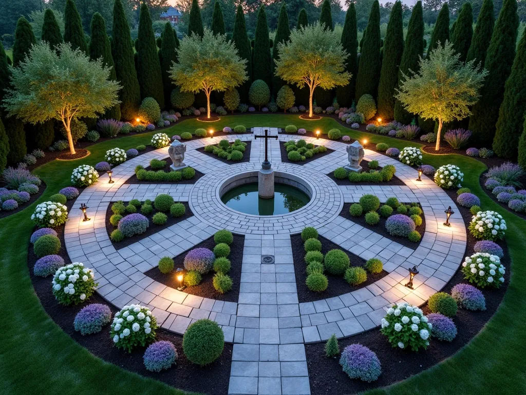 Sacred Rosary Garden Path at Dusk - A serene circular garden path viewed from above at dusk, designed in the shape of a rosary with beautiful curved walkways made of natural stone pavers. The path is illuminated by soft garden lights and bordered by alternating white roses and lavender. Five distinct meditation areas marked by ornate stone benches represent the mysteries, each surrounded by flowering dogwood trees and peaceful angel statues. The center features a small reflecting pool with a simple stone cross. Purple clematis vines climb decorative arches between stations, while night-blooming jasmine adds ethereal fragrance. The entire garden is enclosed by a mix of evergreen cypress trees providing privacy, with gentle uplighting creating a peaceful atmosphere as the sun sets.