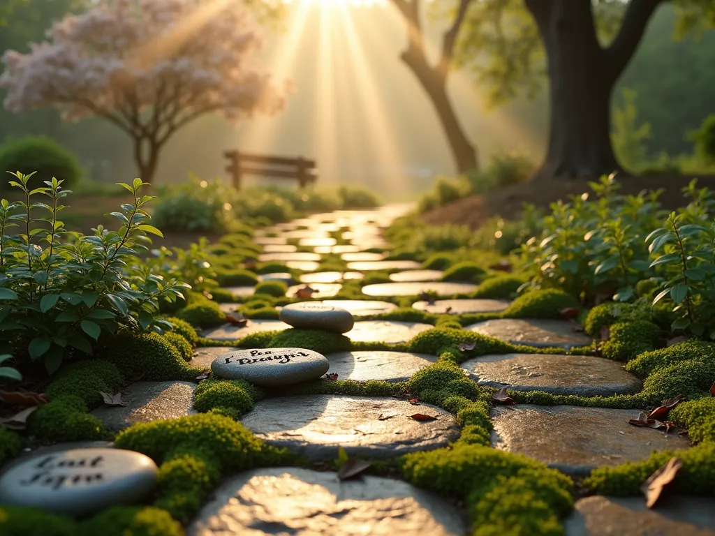 Serene Stone Prayer Path at Dawn - A mystical dawn scene capturing a gently curving garden path made of natural stone pavers, photographed with a wide-angle lens at f/2.8. Morning mist hovers above the ground as golden sunlight filters through distant trees. Irish moss and creeping thyme spill softly between the stones, creating a lush green tapestry. Hand-carved river rocks featuring inspirational words are thoughtfully placed along the journey. The path winds through a serene backyard garden, leading to a wooden prayer bench visible in the distance. Soft bokeh effect in the background shows flowering dogwood trees and Japanese maples. Dewdrops glisten on the moss in the early morning light, creating a ethereal atmosphere. Shot from a low angle to emphasize the spiritual journey perspective.