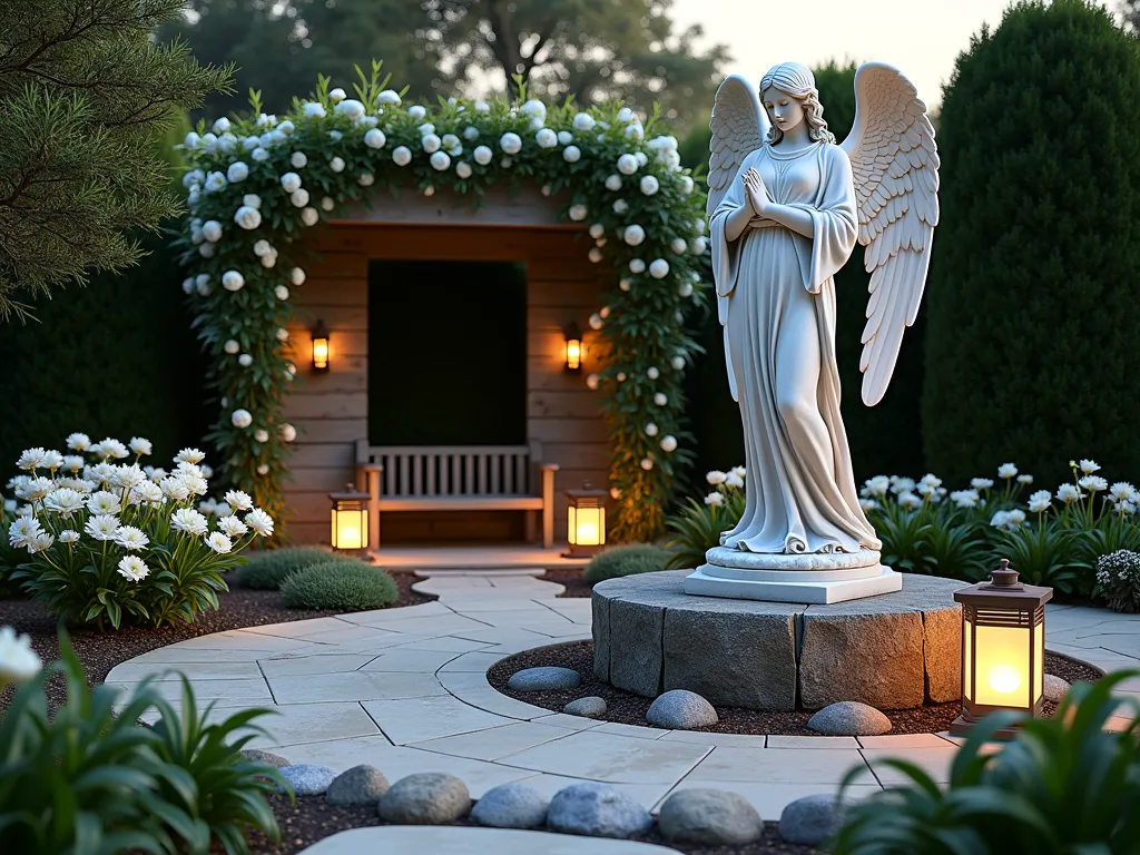 Ethereal Angel Garden at Dusk - A serene garden sanctuary at dusk, featuring a majestic white marble angel statue as the centerpiece, surrounded by blooming white gardenias and peace lilies. The statue stands 6 feet tall on a weathered stone pedestal, its wings gracefully spread, overlooking a circular meditation area. Soft solar lanterns cast a gentle, ethereal glow across the scene, creating dancing shadows among the flowers. A rustic stone bench faces the angel, nestled within a curved garden bed outlined with smooth river rocks. The background shows layers of evergreen shrubs creating depth, while climbing white roses adorn a wooden pergola overhead. The entire scene is captured in twilight, with the last rays of sunlight creating a heavenly backlit effect on the angel's wings.