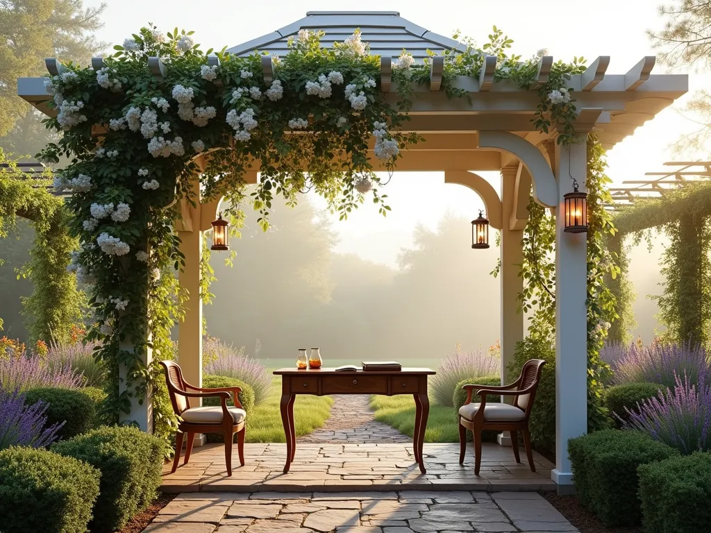 Intimate Prayer Journal Pavilion at Dawn - A serene garden pavilion with open sides and delicate white pergola-style roof, bathed in soft dawn light. A rustic wooden writing desk sits centered beneath, adorned with a leather-bound journal. Wisteria and jasmine vines gracefully cascade down the pavilion's columns, creating natural privacy screens. Subtle copper lanterns hang from corners, their warm glow mixing with morning light. A comfortable wooden chair with cushions faces east. The surrounding garden features lavender borders and climbing roses on trellises, with morning dew glistening on the plants. Shot from a 45-degree angle to capture both the pavilion's interior and its garden context, with subtle morning mist in the background. Photorealistic, peaceful atmosphere, architectural detail.