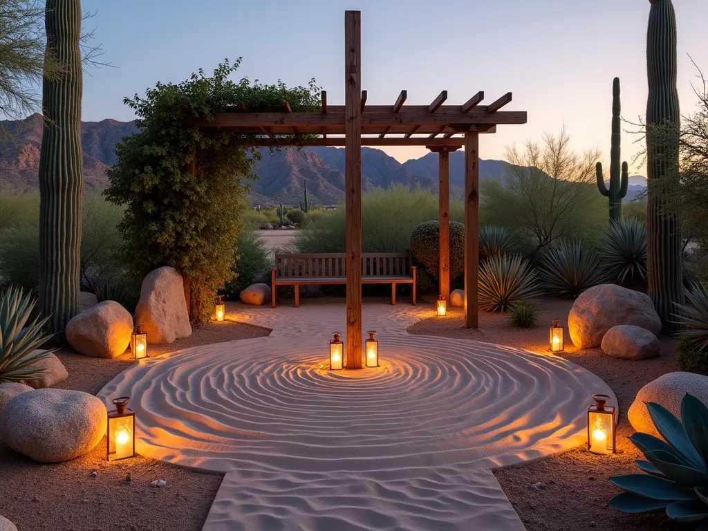 Minimalist Desert Prayer Garden at Dusk - A serene desert prayer garden photographed at dusk with a golden-hour glow, featuring a weathered wooden cross as the central focal point. Clean lines of raked sand create concentric circles around the cross, while carefully placed limestone boulders provide natural seating. Architectural succulents like tall Saguaro cacti and Blue Agave frame the space, casting long shadows. Simple copper lanterns illuminate the path, their warm light reflecting off the sand. A rustic wooden meditation bench sits beneath a natural wood pergola draped with climbing Queen's Wreath vine. Shot with a wide-angle lens at f/2.8, capturing the entire sanctuary while maintaining intimate depth, with desert mountains silhouetted in the background.