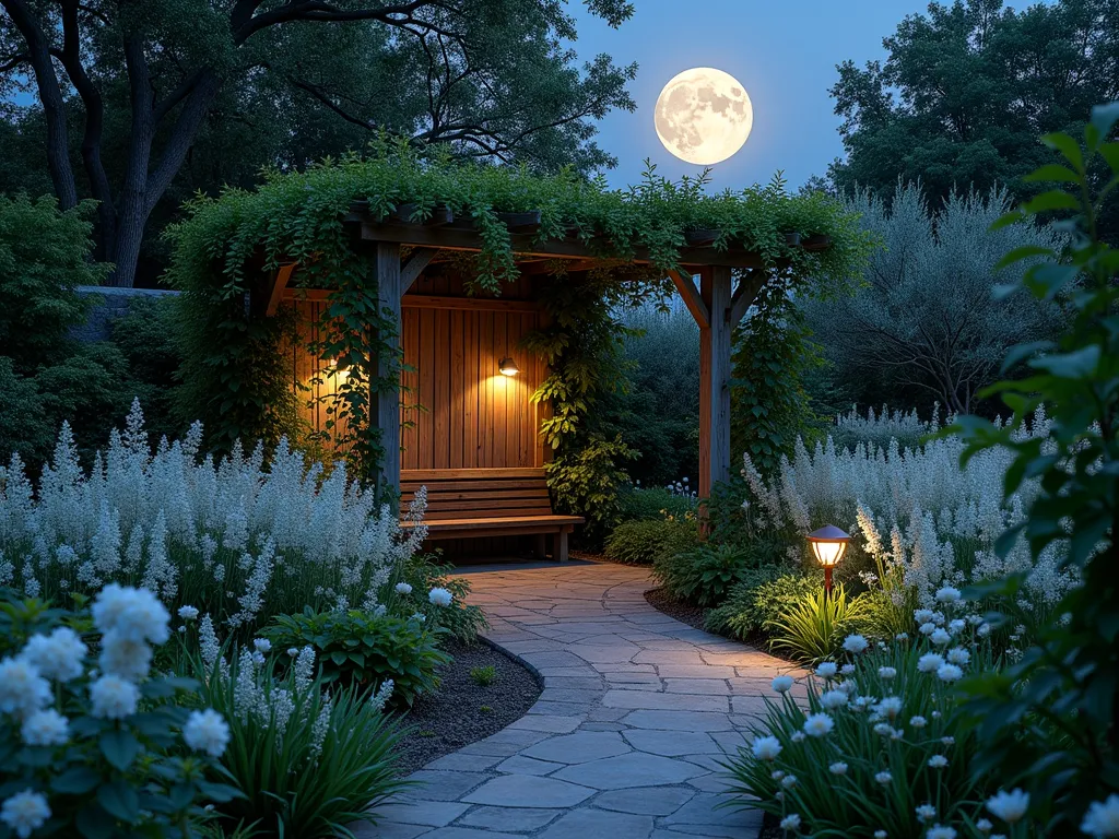 Ethereal Moonlit Prayer Garden - A serene nighttime garden sanctuary photographed with a 16-35mm lens at f/2.8, ISO 400. A winding stone path leads to an intimate wooden meditation bench nestled among luminous white flowering plants. Silver-leaved Artemisia and Lamb's Ears create a ethereal glow under a full moon. Japanese white wisteria drapes overhead on a weathered pergola, while pure white Moon Flowers and Evening Primrose bloom in the moonlight. Subtle copper path lights cast gentle illumination, and white Garden Phlox and Candytuft border the edges. A small stone fountain provides peaceful ambient sounds. The wide-angle composition captures the magical interplay of moonlight and botanical elements, creating an atmosphere of spiritual tranquility perfect for evening prayer and meditation.