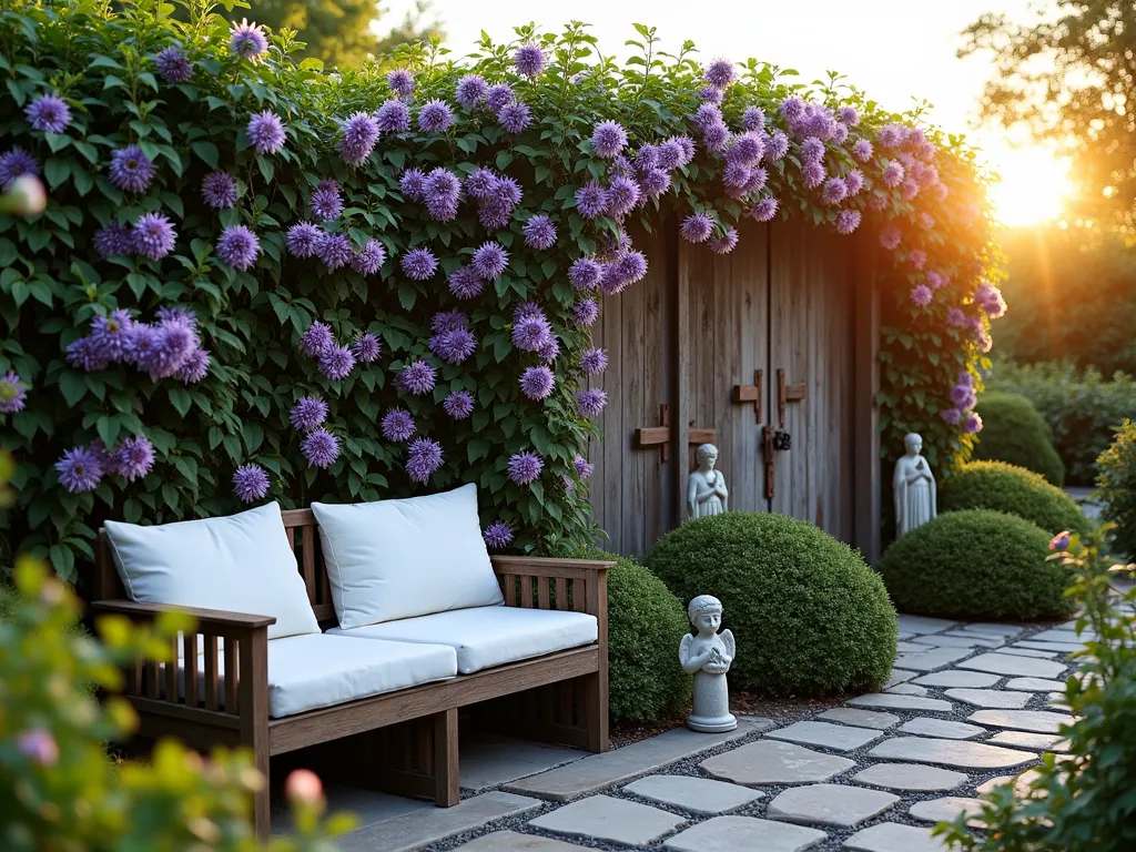 Passion Flower Sacred Living Wall - A serene garden scene at golden hour featuring a stunning 8-foot living wall covered in blooming purple passion flowers (Passiflora incarnata) climbing on a weathered wooden trellis structure. The wall includes subtle carved wooden crosses and stone angel sculptures nestled among the vines. In the foreground, a comfortable rustic wooden meditation bench with plush white cushions faces the living wall. Warm evening sunlight filters through the intricate passion flower blooms, casting delicate shadows on the natural stone pavers below. Soft garden lights are strategically placed to illuminate the wall as dusk approaches. The scene is photographed from a 45-degree angle to showcase both the grandeur of the living wall and the intimate seating area, with some passion flowers in sharp detail in the foreground creating depth.