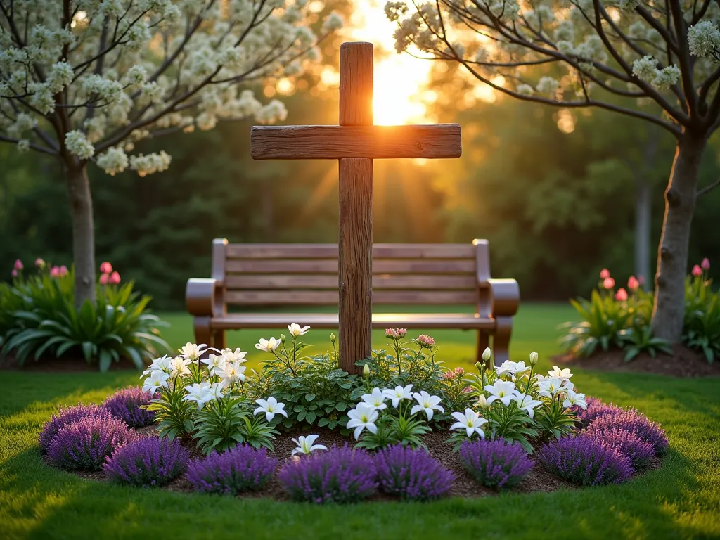 Rustic Cross Prayer Garden at Sunset - A serene prayer garden at golden hour, featuring a 6-foot weathered cedar cross as the focal point, centered within a circular garden bed. Pure white lilies and gardenias planted in a cross pattern beneath, surrounded by radiating rings of purple lavender and pink echinacea. A handcrafted wooden bench with curved armrests sits 10 feet away, perfectly framed by flowering dogwood trees. Soft evening light filters through the trees, casting gentle shadows across the meditation space. Shot with a wide-angle lens at f/8, capturing the entire sacred space with the sunset creating a heavenly glow behind the cross. Professional DSLR photograph with natural lighting, subtle depth of field, and crystal-clear details of the garden's textures and blooms.