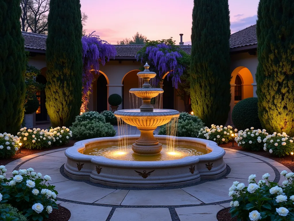 Sacred Garden Fountain at Dusk - A serene prayer garden at dusk features a stunning three-tiered stone fountain as its centerpiece, photographed with a 16-35mm lens at f/2.8, ISO 400. Soft water cascades down weathered limestone tiers adorned with dove motifs, creating gentle ripples in the circular basin below. Surrounding the fountain, a peaceful arrangement of white roses and lavender forms a circular pattern. Stone pavers create a meditative walking path around the water feature, while carefully placed copper garden lights cast a warm, ethereal glow on the flowing water. Mature cypress trees frame the scene, their silhouettes reaching toward the purple-orange twilight sky. Climbing jasmine on a curved pergola adds vertical interest while filling the air with sweet fragrance.