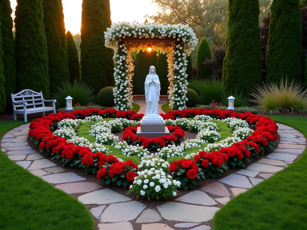 Sacred Heart Garden Sanctuary at Dusk - A stunning heart-shaped garden bed photographed at golden hour, shot with a 16-35mm lens at f/2.8, ISO 400. The garden features a white marble Sacred Heart statue as its centerpiece, surrounded by cascading red roses and white lilies in perfect symmetry. Soft pathway lights illuminate natural stone pathways that outline the heart shape. A weathered wooden meditation bench sits at the perfect viewing distance, partially covered by an arching pergola draped with white climbing roses. The garden is bordered by tall cypress trees providing privacy, while white garden lanterns cast a gentle glow. Red cardinal flowers and white peace lilies create layers of texture in the beds, with ornamental grasses adding movement. A small copper water feature provides gentle sounds of flowing water. The low evening light creates dramatic shadows and highlights the sacred space's serene atmosphere, with subtle landscape lighting enhancing the garden's spiritual ambiance.