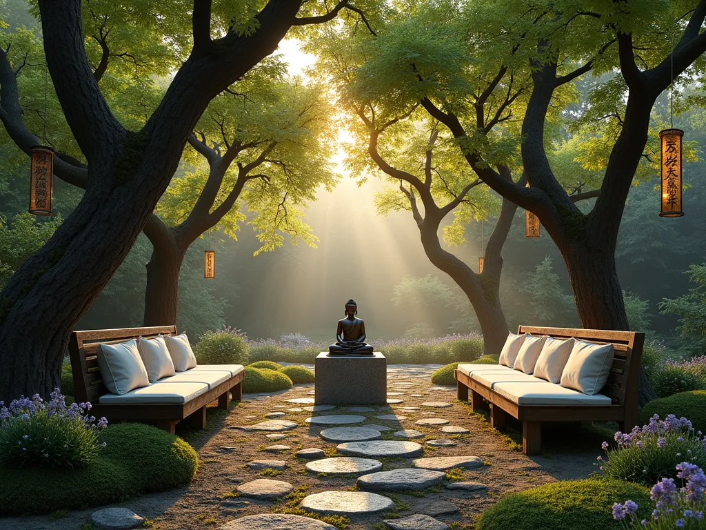 Sacred Tree Circle Prayer Garden - A serene circular garden sanctuary at dusk, formed by seven elegant Japanese maple trees creating a natural enclosure. Soft golden lantern light filters through the trees' delicate leaves. In the center, a weathered wooden meditation bench with plush cushions faces a small stone altar adorned with a simple bronze Buddha statue. Ornate metal scripture plaques hang from the trees, catching the last rays of sunlight. The ground is covered in a soft carpet of moss and scattered river stones, with gentle wisps of lavender and white sage growing between. A gentle mist hovers near the ground, creating an ethereal atmosphere. The scene is captured from a slightly elevated angle, showing the perfect symmetry of the circle while highlighting the intimate, enclosed nature of the space.