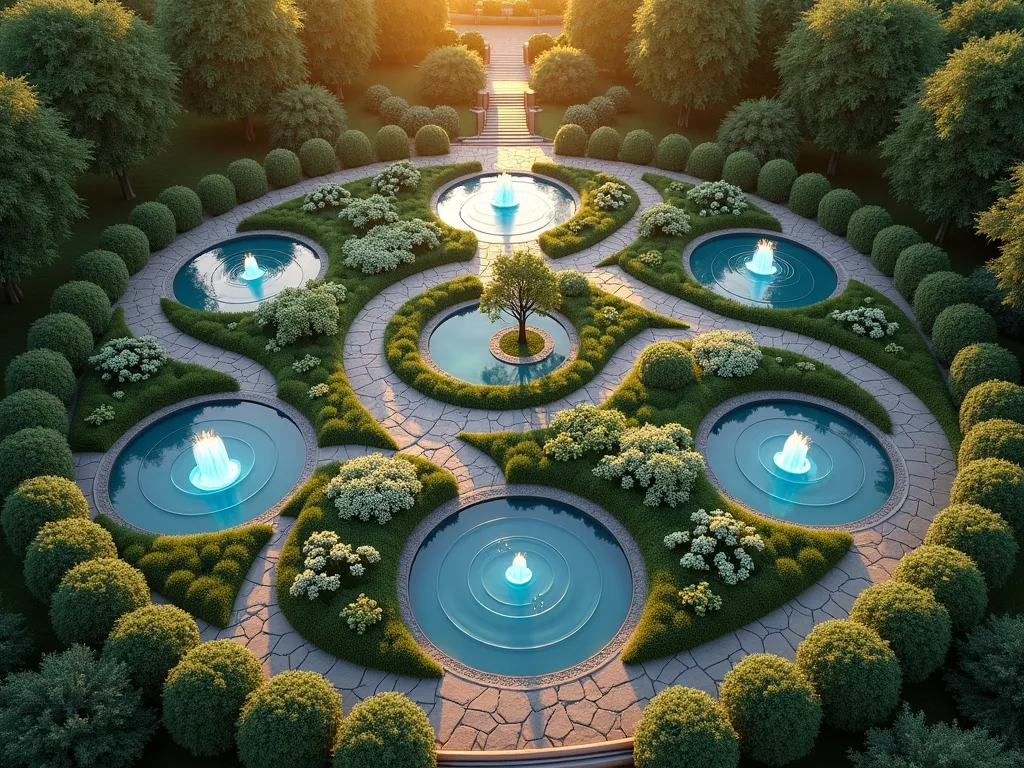 Seven Days Creation Garden Path - A mystical aerial view of an intricate garden design featuring seven interconnected circular garden spaces arranged in a flowing pattern, photographed during golden hour. The first space shows reflective pools with blue lights representing light and darkness. The second displays misty fountains and cloud-like white flowering bushes. The third shows emerald grass and blooming wildflowers beside a small pond. The fourth features illuminated celestial sculptures among silver-leaved plants. The fifth contains a koi pond surrounded by water plants. The sixth showcases a central tree of life surrounded by butterfly gardens. The seventh is a peaceful meditation area with stone seating. Natural stone pathways wind between each space, creating a flowing journey. The garden is framed by mature trees and atmospheric lighting, with subtle religious symbols integrated into the hardscaping. Photorealistic, high detail, mystical atmosphere.