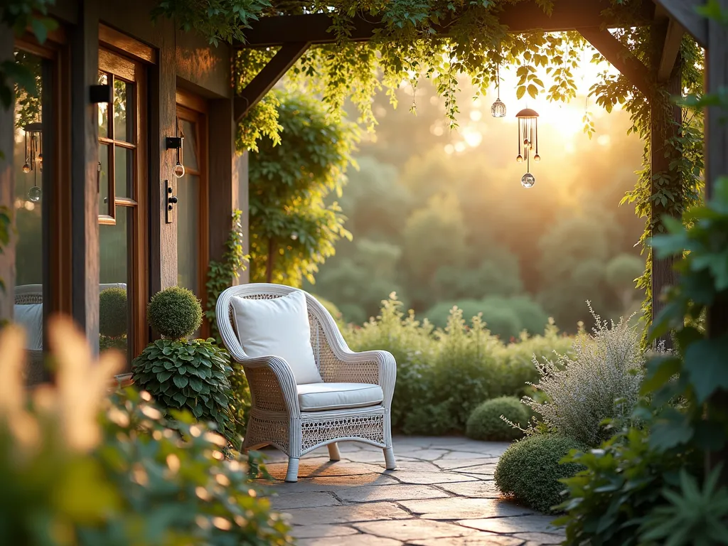 Tranquil Sunrise Prayer Corner - A serene east-facing garden corner at dawn, bathed in golden morning light. A cozy white wicker armchair with plush cushions sits beneath a wooden pergola draped with climbing morning glories and jasmine. Crystal wind chimes hang delicately, catching the first rays of sunrise. Ornate copper mirrors strategically placed to reflect light create a magical atmosphere. Japanese forest grass and silver-leaved plants sway gently in the morning breeze. A small stone water feature provides gentle background sounds. The scene is captured from a three-quarter angle, showing both the intimate seating area and the broader context of the garden, with soft bokeh effects on the morning dew.