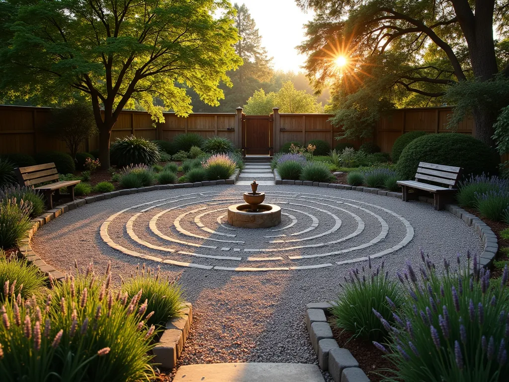 Sunset Prayer Labyrinth Garden Path - A serene garden labyrinth photographed at golden hour, featuring a winding gravel path bordered by fragrant lavender and creeping thyme. The circular design leads to a peaceful central meditation space adorned with a small stone fountain. Low voltage landscape lighting illuminates the path edges, while mature Japanese maple trees cast gentle shadows across the sacred space. Shot from a slightly elevated angle to showcase the intricate spiral pattern, with the warm sunset light creating a mystical atmosphere. The labyrinth is nestled within a private backyard setting, surrounded by weathered wooden benches and natural stone borders. Captured with a dreamy depth of field that emphasizes the spiritual journey to the center. 16-35mm lens at f/2.8, ISO 400.