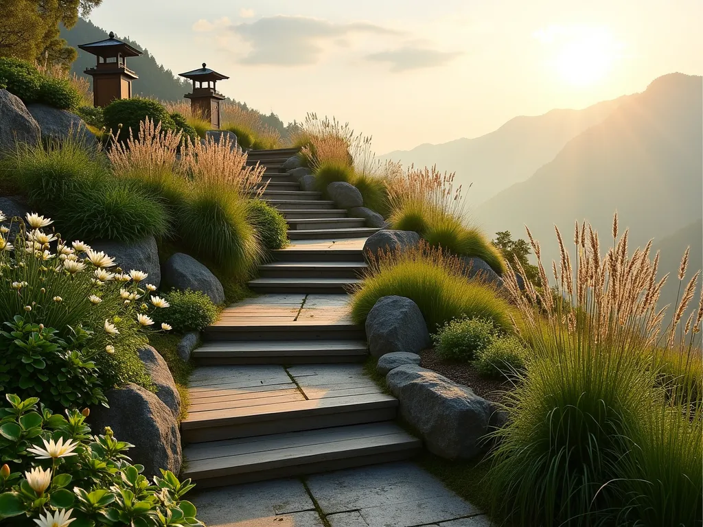 Terraced Mountain Prayer Garden at Dawn - A serene terraced prayer garden photographed at dawn with soft golden light, featuring three ascending wooden platforms connected by natural stone steps. The highest platform hosts a comfortable teak meditation bench overlooking a misty valley. Tall ornamental grasses like Miscanthus and Pennisetum sway gently in the foreground, creating a rhythmic vertical element. Japanese forest grass cascades down the terraced levels, while white-flowering Peace Lilies line the pathways. Stone lanterns mark the journey upward, and a small bamboo water feature provides gentle background sounds. The scene is captured from a wide-angle perspective showing the full elevation, with mountains visible in the distance and early morning light filtering through wispy clouds. Shot with dramatic depth of field highlighting both the detailed plantings and the expansive vista, f/8, ISO 100, 1/125