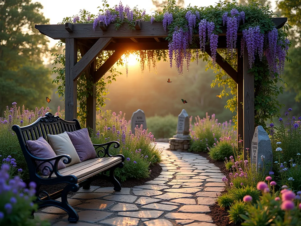 Tranquil Butterfly Prayer Garden at Dawn - A serene garden sanctuary at dawn, photographed with a wide-angle DSLR lens (f/8, ISO 100, 1/125s). A rustic wooden pergola draped with climbing purple wisteria frames a peaceful meditation area. In the foreground, a vintage wrought-iron bench with plush weatherproof cushions faces a circular garden bed filled with butterfly-attracting plants in soft purples and pinks. Butterfly bush, lavender, and purple coneflowers sway gently in the morning light, while several monarch and swallowtail butterflies flutter among the blooms. Artfully placed weathered stone scripture markers peek through the foliage, their surfaces catching the golden morning light. A gentle stone pathway winds through the garden, bordered by pink and white echinacea and delicate yarrow. Morning dew sparkles on the plants, creating a mystical atmosphere as the rising sun casts long, dramatic shadows across the peaceful space.