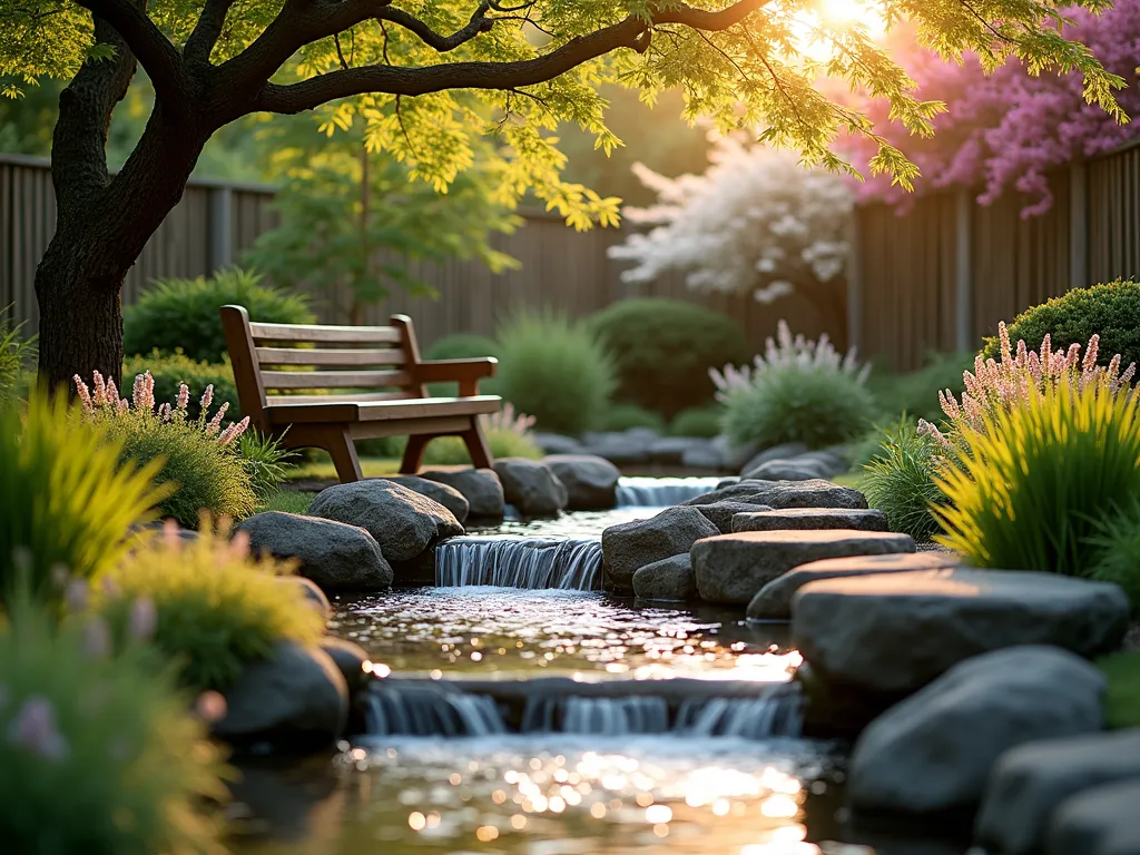 Tranquil Garden Stream Meditation Space - A serene garden meditation space at golden hour, photographed with a wide-angle lens capturing a gently flowing artificial stream with small cascading waterfalls over natural stones. Japanese forest grass and hostas line the stream's edge, while stepping stones create a mindful path alongside. A wooden meditation bench nestles under a flowering Japanese maple tree, surrounded by misting water and dappled sunlight. Ornamental bamboo provides a natural privacy screen, while pink and white astilbe flowers add soft color. The stream reflects the warm evening light, creating a peaceful ambiance perfect for prayer and contemplation. Shot with shallow depth of field highlighting the water's movement, f/8, professional DSLR quality, 8K resolution.