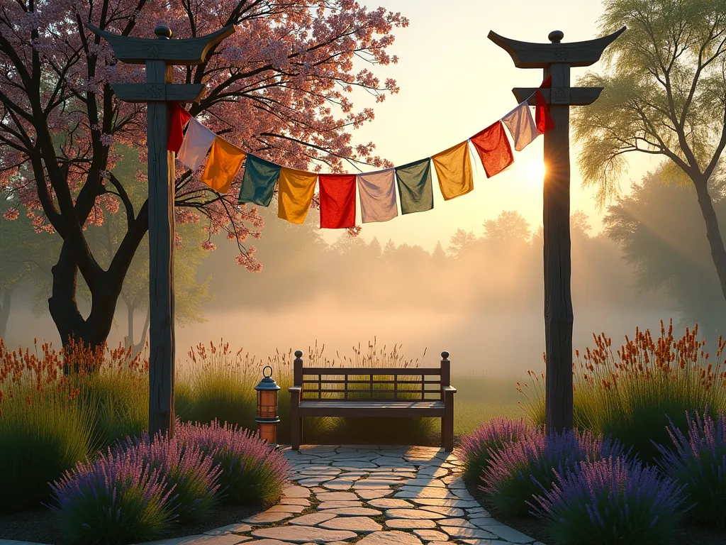 Tranquil Prayer Flag Garden at Dawn - A serene garden sanctuary at dawn, photographed with a wide-angle DSLR lens, capturing colorful Tibetan-style prayer flags gracefully dancing in the morning breeze against a soft golden sky. The flags are strung between two weathered wooden posts, surrounded by swaying Maiden grass (Miscanthus sinensis) and Purple Fountain grass. A peaceful wooden meditation bench nestled beneath a flowering Cherry blossom tree provides a contemplative seating area. Natural stone pavers create a winding path through the garden, while soft morning mist hovers near the ground. The scene is accented by blooming lavender borders and gentle lighting from copper lanterns. Shot at f/8 with natural dawn lighting highlighting the ethereal atmosphere, ISO 100 for pristine clarity, creating a deeply spiritual and meditative outdoor space.