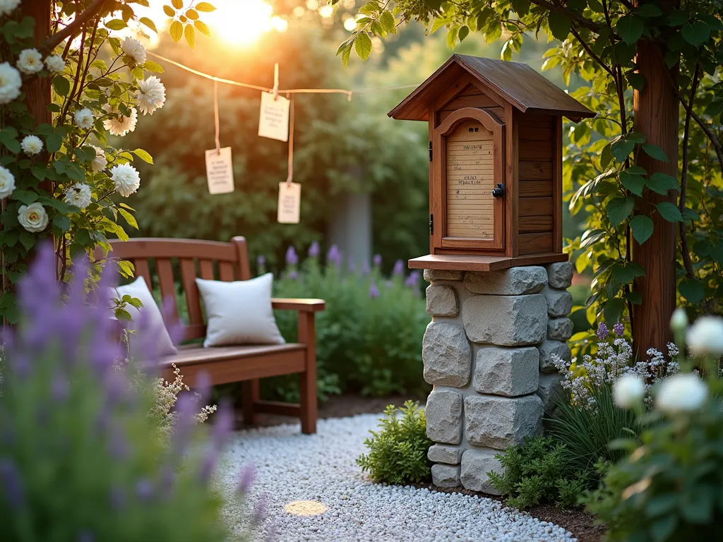 Tranquil Prayer Request Garden at Sunset - A serene garden nook at golden hour featuring a handcrafted wooden prayer request box mounted on a weathered stone pillar, protected by a small copper roof. The intimate space is framed by blooming white roses, lavender, and delicate Japanese maples. A rustic wooden bench sits nearby, adorned with soft cushions. Prayer requests written on natural parchment flutter gently from copper wire strung between wooden posts, creating an artistic display. Soft landscape lighting illuminates the pathways lined with white pebbles, while climbing jasmine creates a fragrant natural enclosure. Shot from a medium angle to capture both the intimate details and the overall peaceful atmosphere, with the warm sunset light filtering through the foliage.